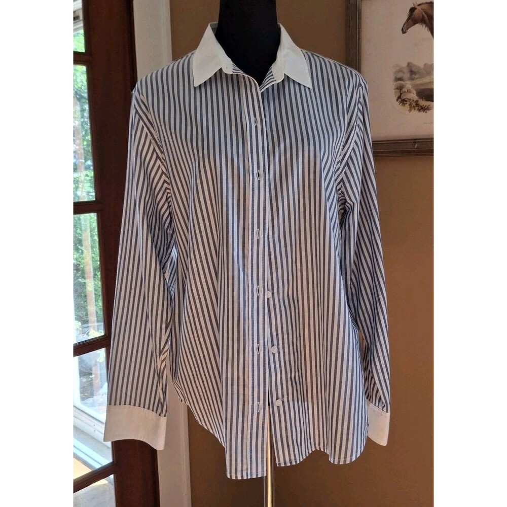 Everlane Silky Cotton Striped Button Down Shirt Blue White Contrast Collar 12